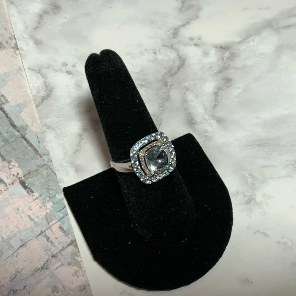 Stunning 10K Cushion-Cut Swiss Blue Topaz & Diamond Ring - Double Halo - Sz 6.75 - Picture 12 of 16